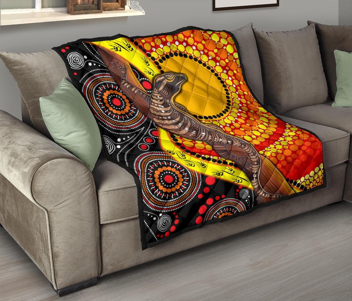 Aboriginal Premium Quilt - Indigenous Dot Painting Sun and Lizard
