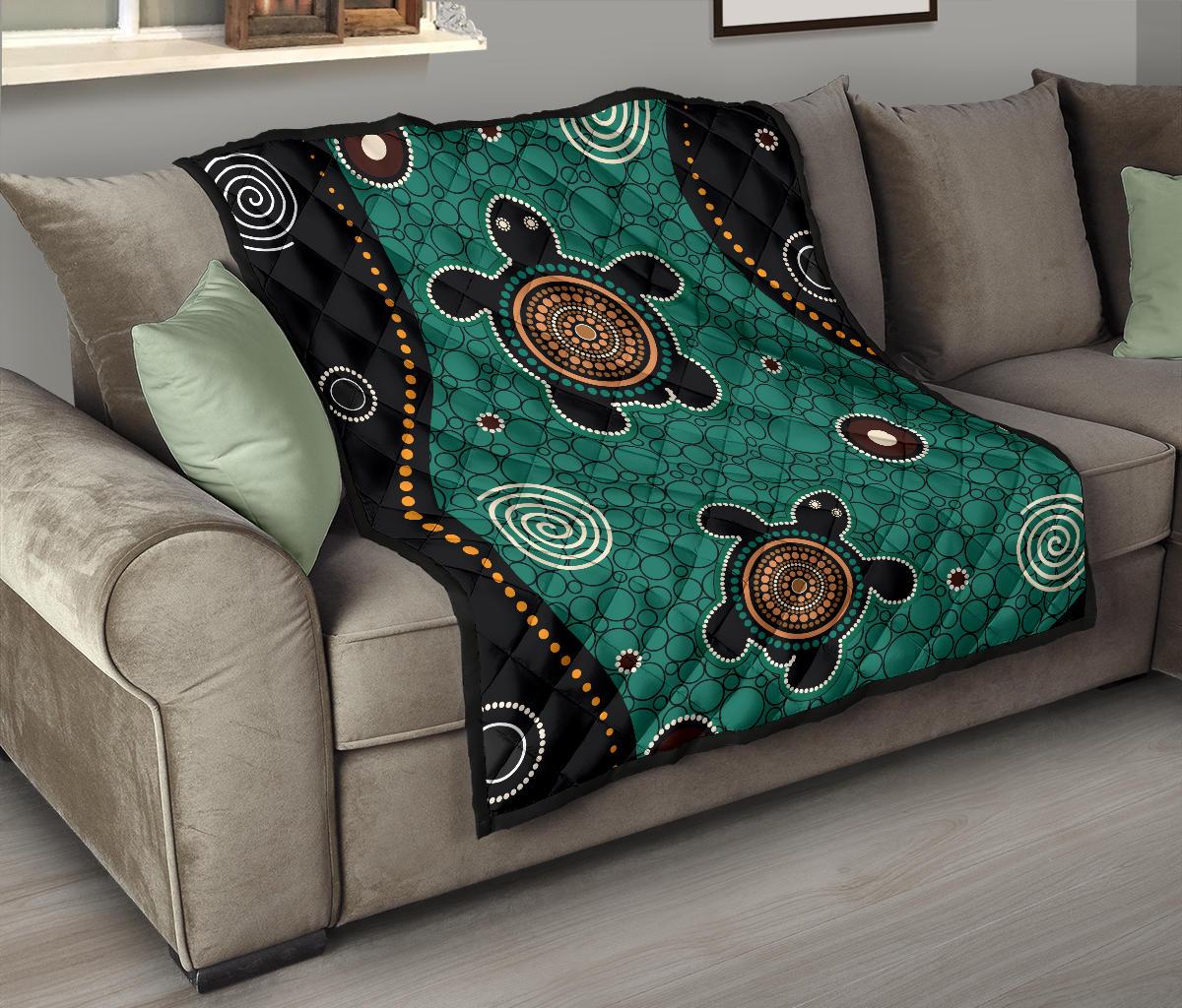 Aboriginal Premium Quilt - Australia Green Turtle Dot Painting Art