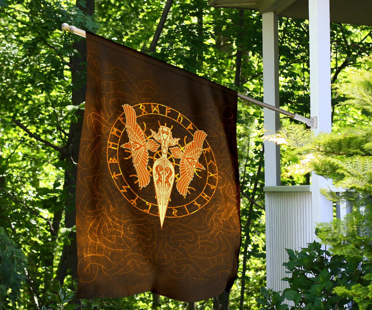 Viking Garden Flag Gold Spear Of The God Odin Gungnir And Two Gold Ravens