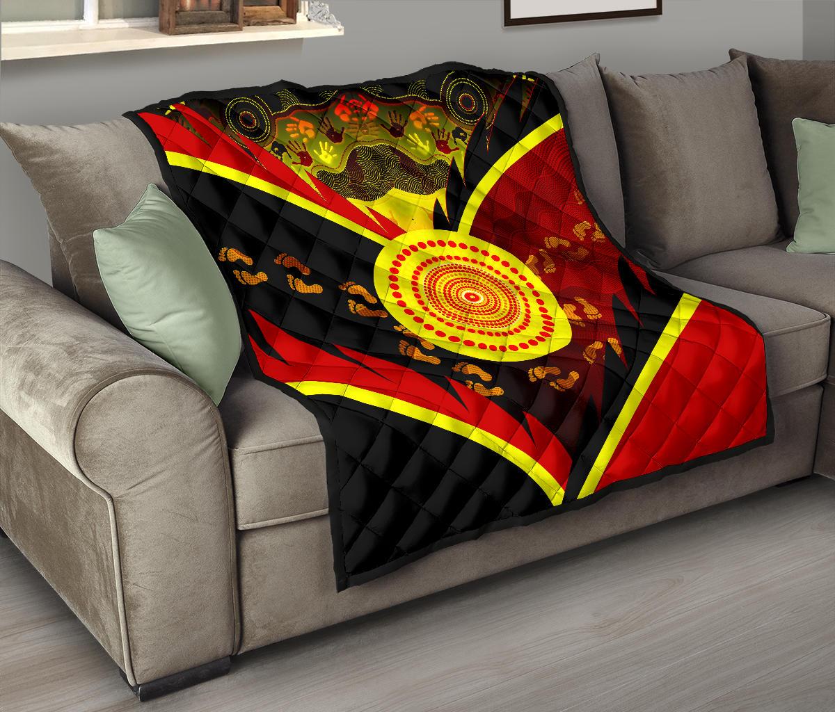 Aboriginal Premium Quilt - Indigenous Flag With Footprint Hand Art