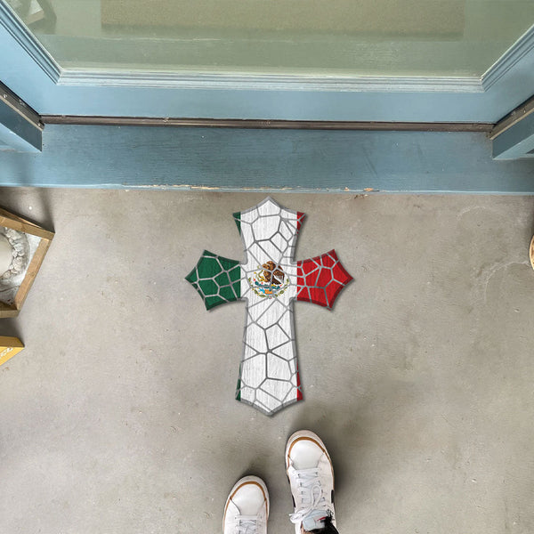 Mexico Custom Shape Rubber Doormat Cross Stained Glass Style