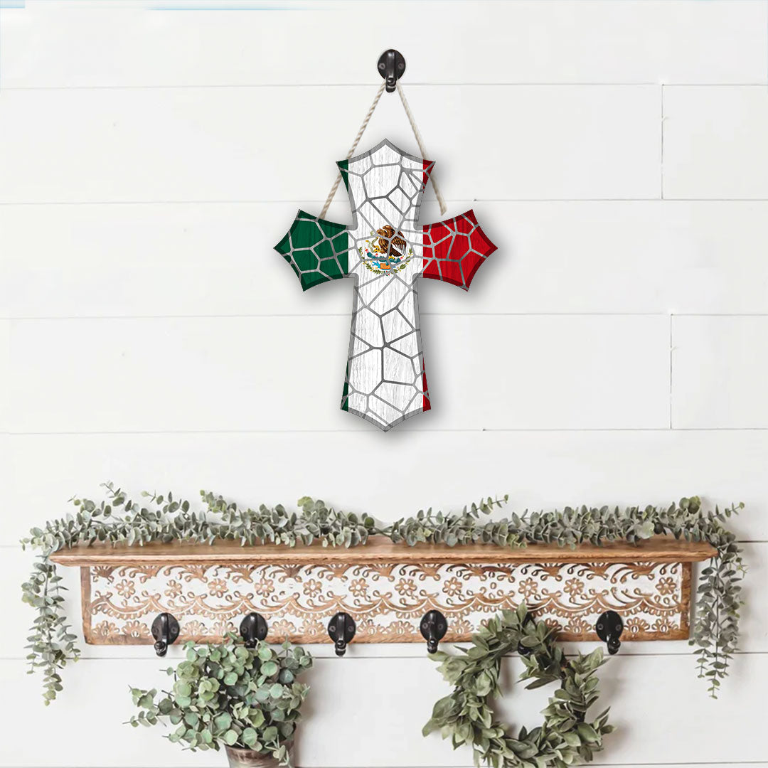 Mexico Custom Shape Wooden Sign Cross Stained Glass Style