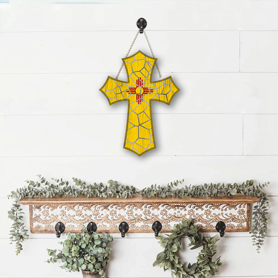 New Mexico Custom Shape Wooden Sign Cross Stained Glass Style