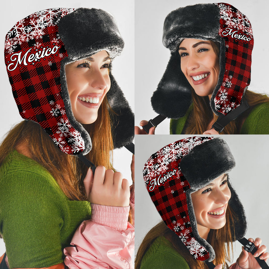 Mexico Trapper Hat Merry Christmas Plaid With Snow Custom