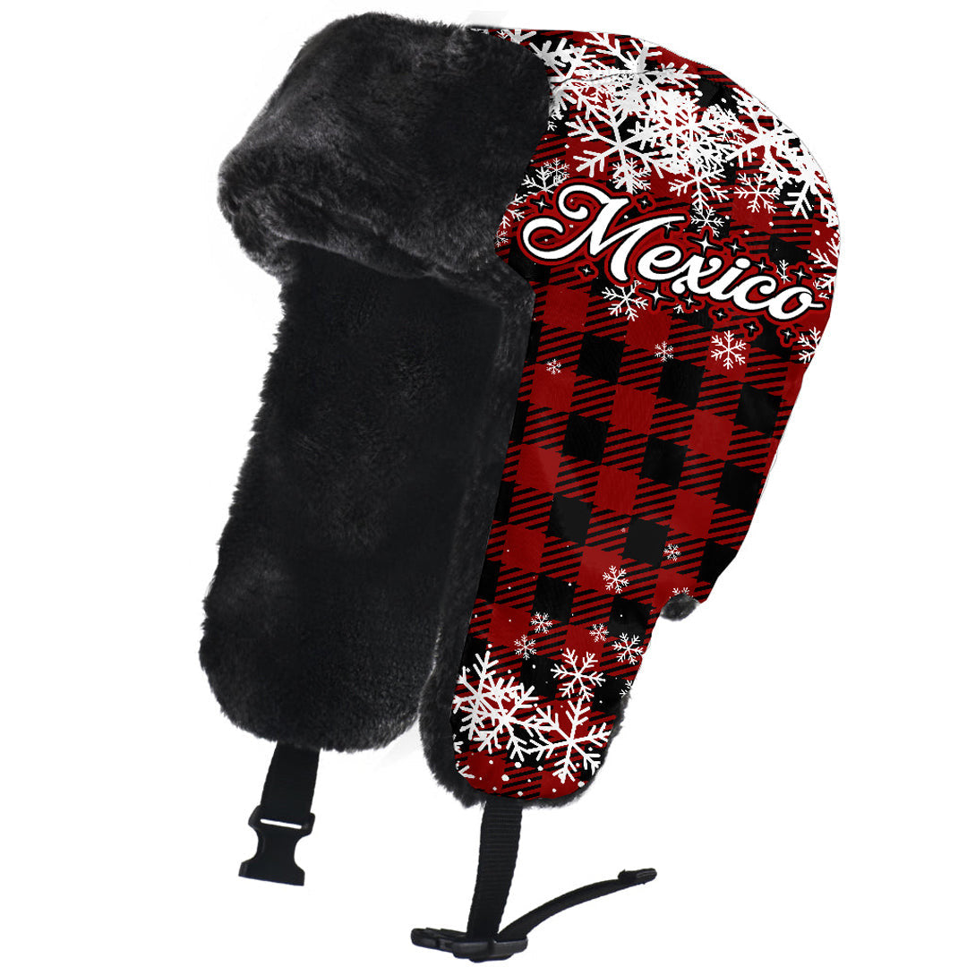 Mexico Trapper Hat Merry Christmas Plaid With Snow Custom