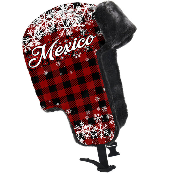 Mexico Trapper Hat Merry Christmas Plaid With Snow Custom