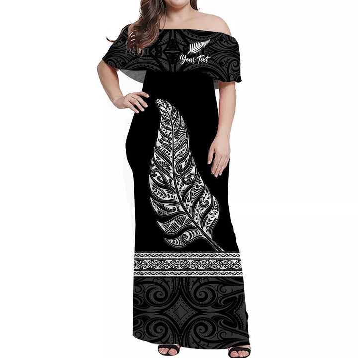 (Custom Personalised) New Zealand Off Shoulder Long Dress Maori Pattern Silver Fern Black LT13