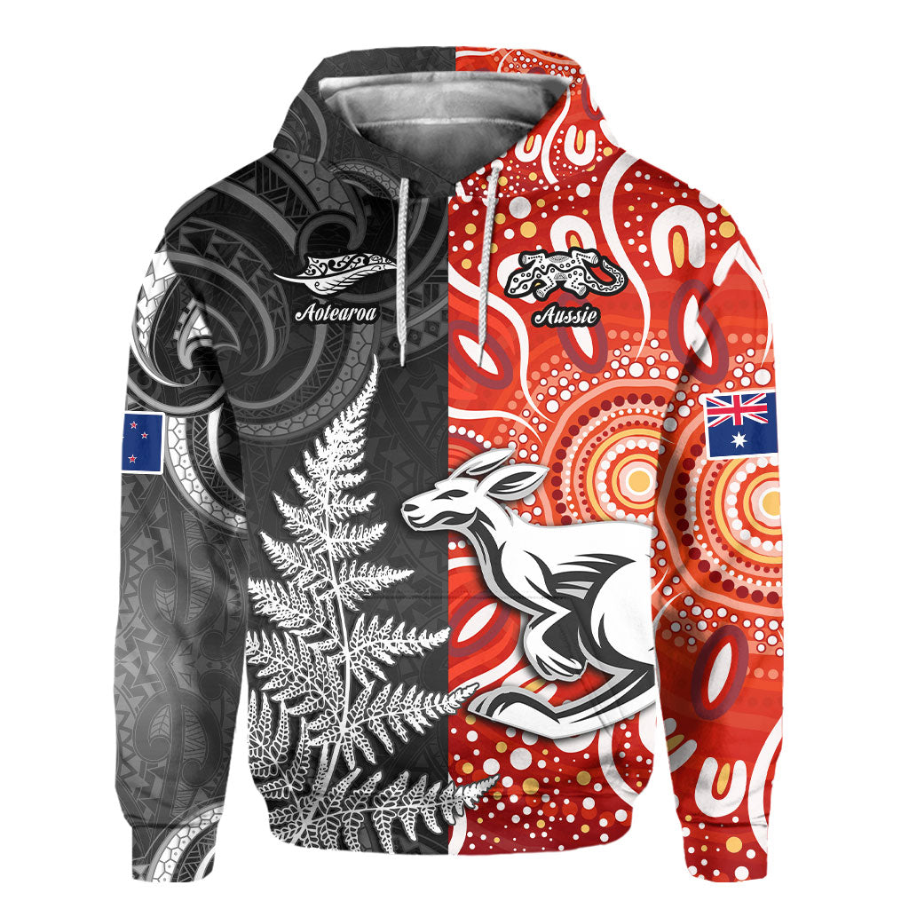 Custom New Zealand Rugby Hoodie Aotearoa Silver Fern & Aussie Kangaroo Maori & Aboriginal - LH1