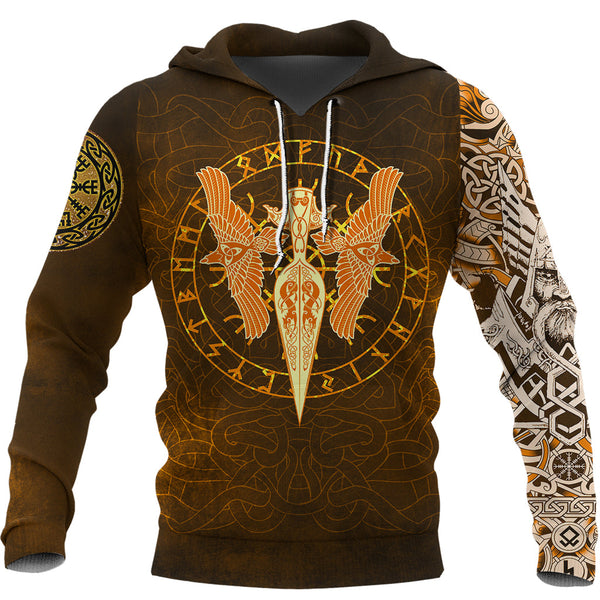 Viking Hoodie Gold Spear Of The God Odin Gungnir And Two Gold Ravens Style