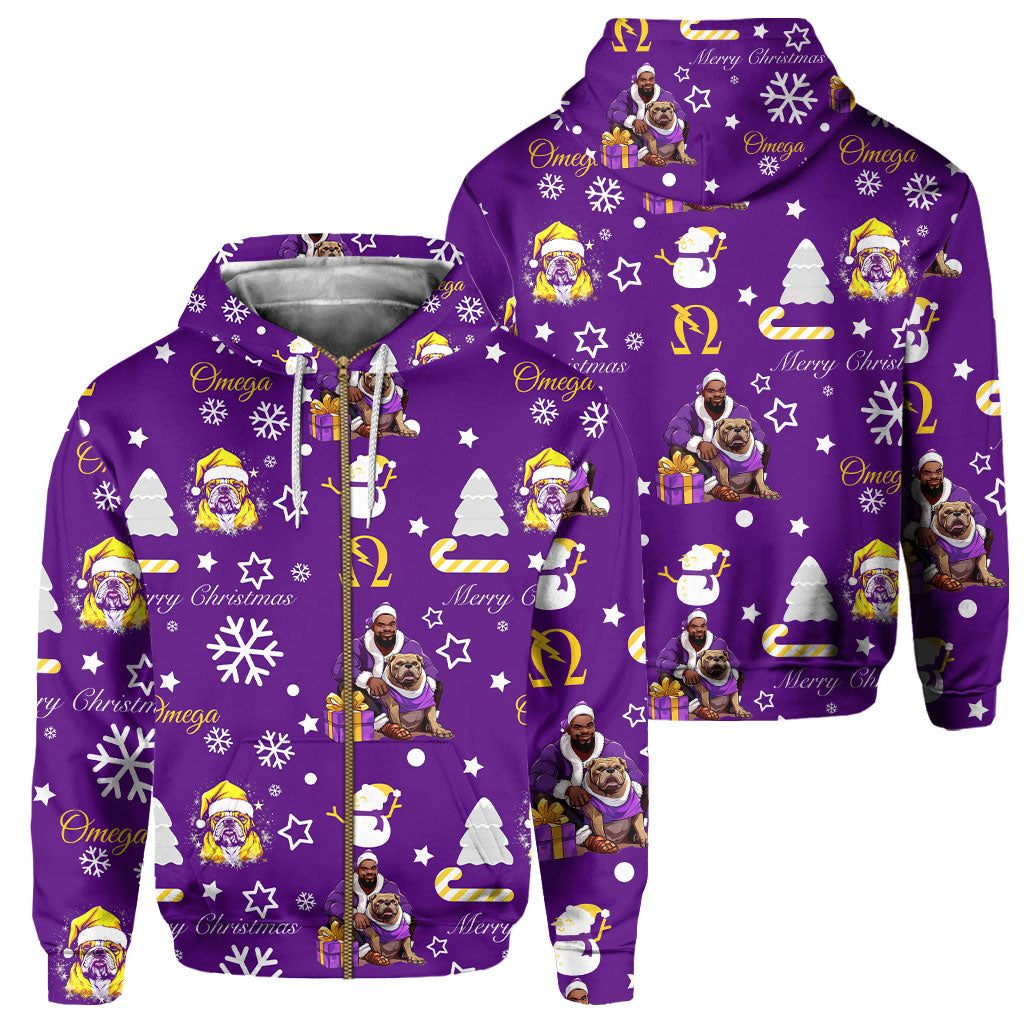 Fraternity Hoodie - OPP Christmas Zip Hoodie Bulldog Purple Pattern Style