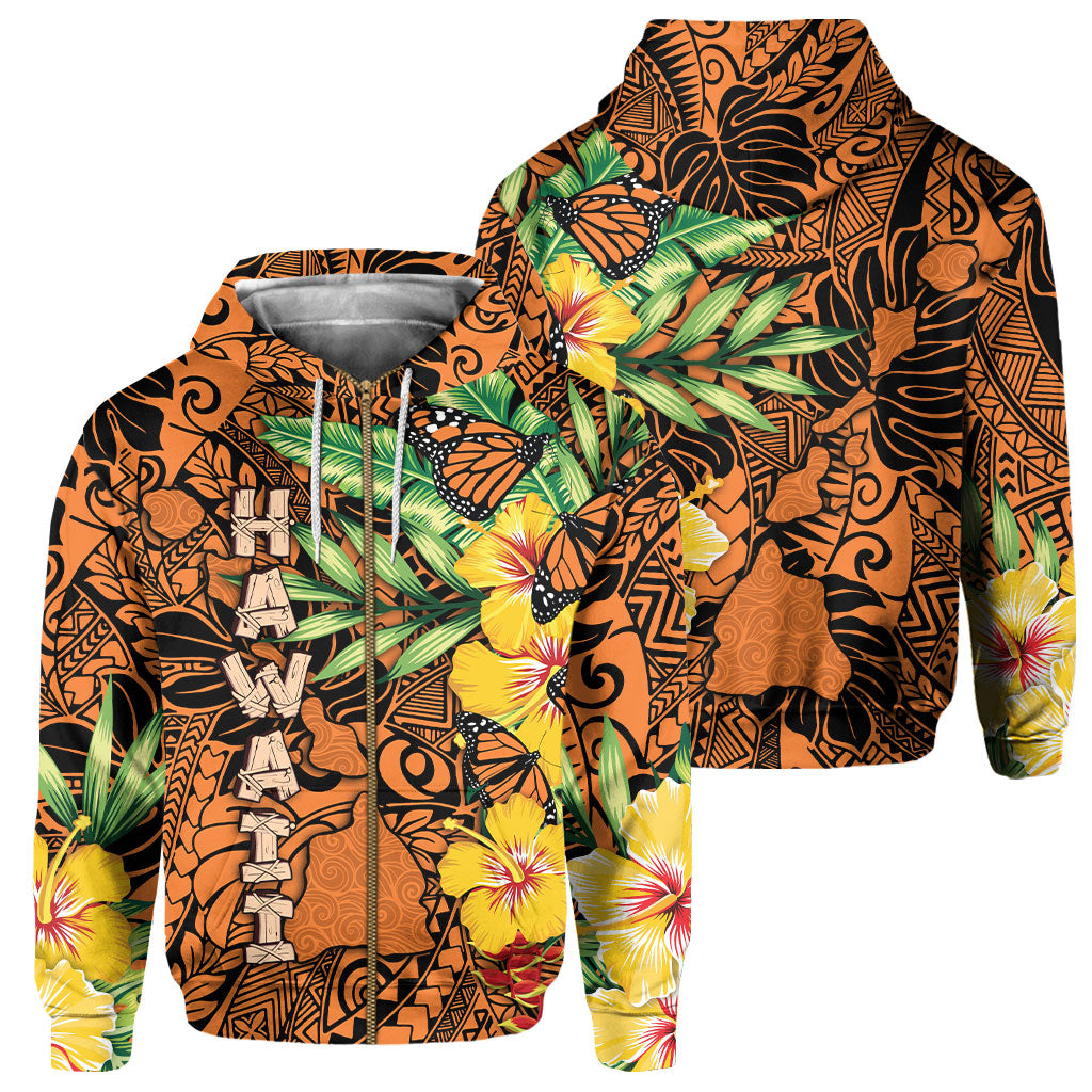 Hawaii Zip Hoodie Kamehameha Butterfly Tropical Style