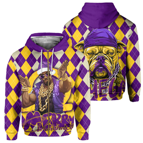 Fraternity Hoodie - OPP Christmas Zip Hoodie Bulldog Purple Gold Caro Pattern Style