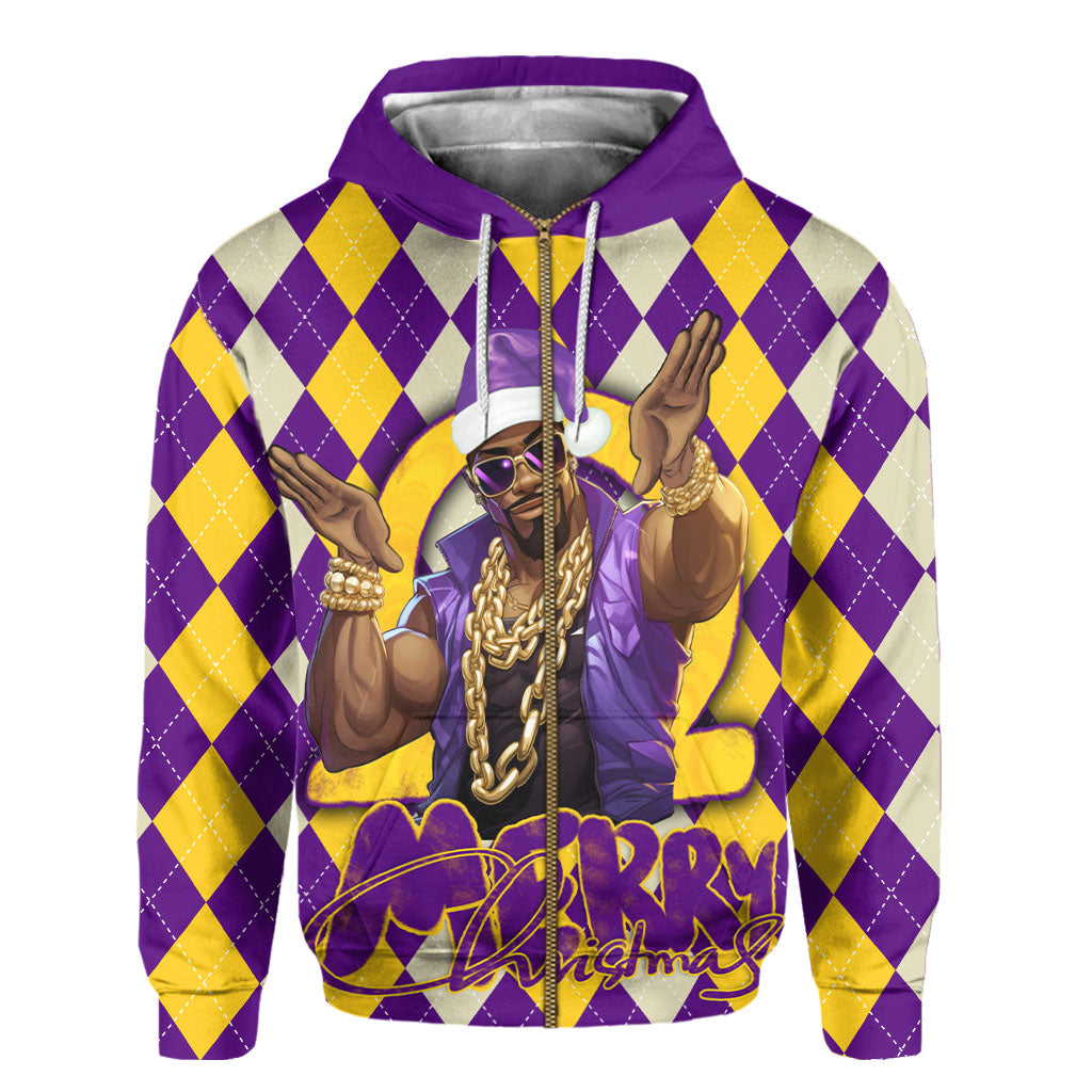 Fraternity Hoodie - OPP Christmas Zip Hoodie Bulldog Purple Gold Caro Pattern Style