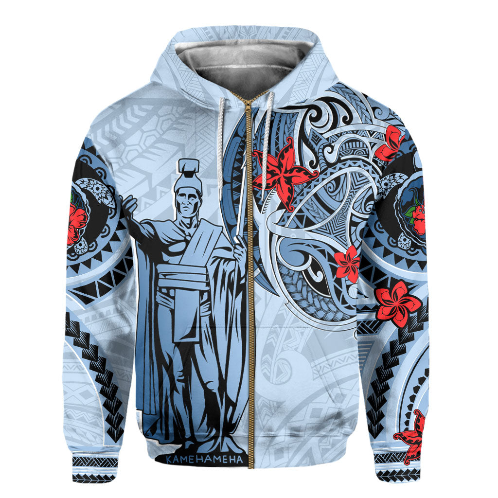 Custom King Kamehameha Hawaiian Zip Hoodie Sea Green Plumeria Style