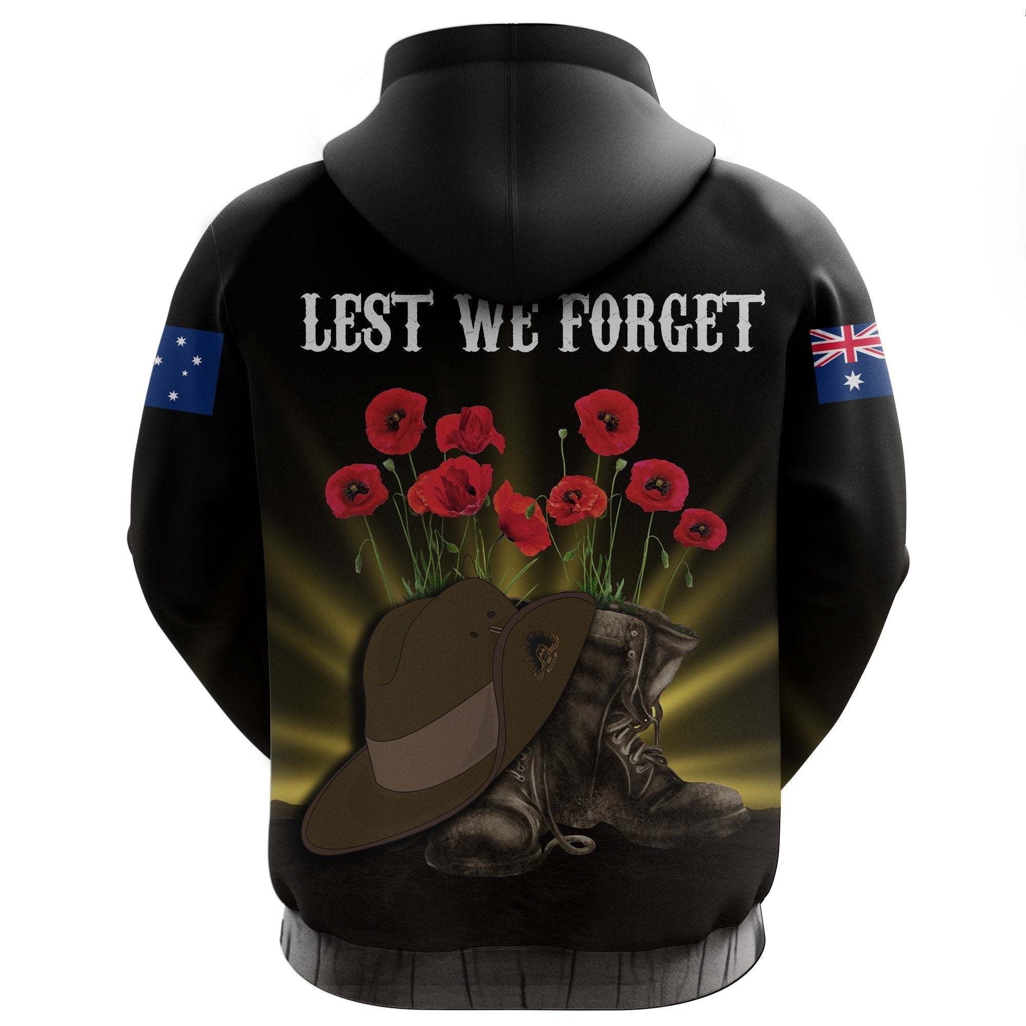 Anzac Day Zip Hoodie - Lest We Forget Hat And Boots Poppies