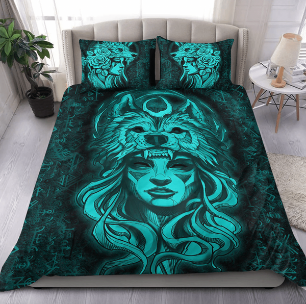 Viking Bedding Set Valkyries And Wolf Moon Turquoise