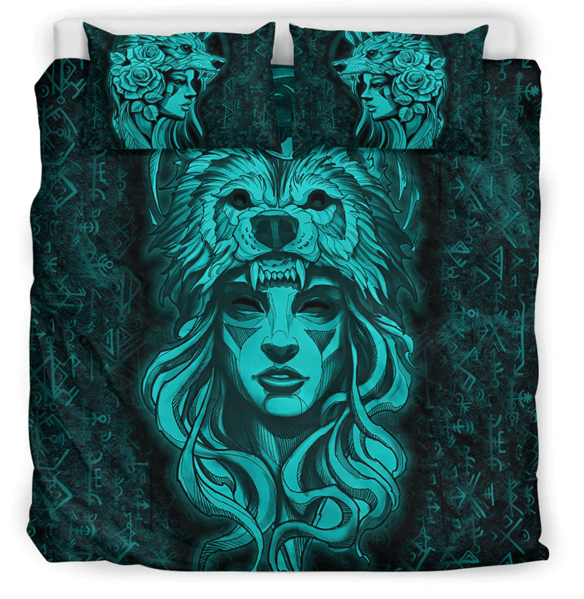 Viking Bedding Set Valkyries And Wolf Moon Turquoise