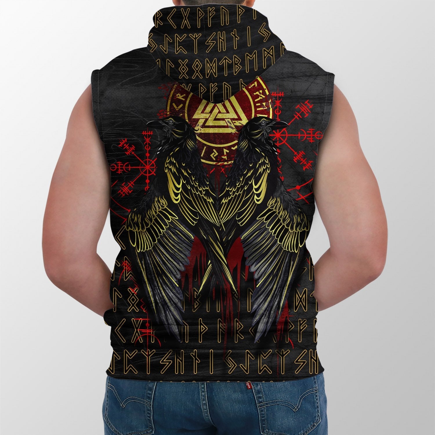 Viking Sleeveless Hoodie Vikings Valknut and Ravens Tattoo