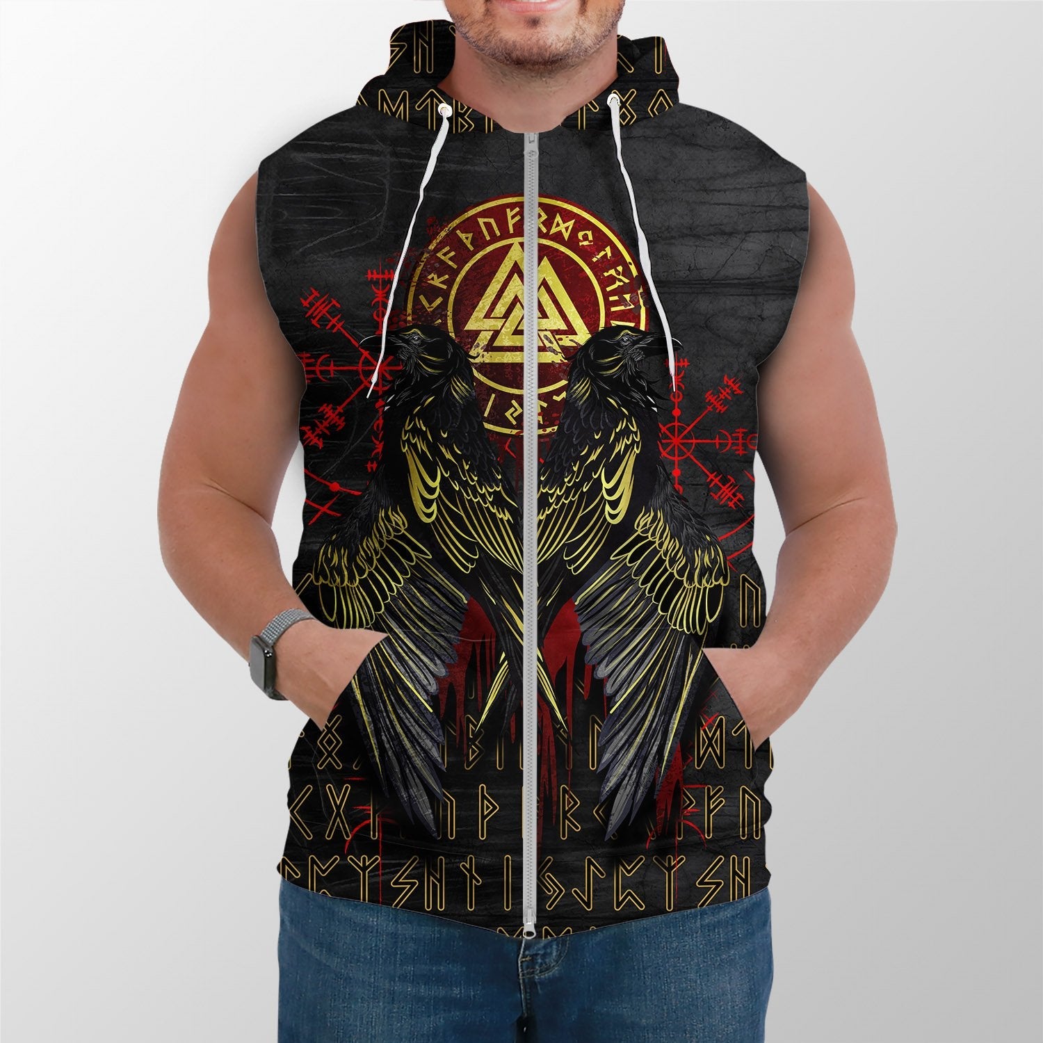 Viking Sleeveless Hoodie Vikings Valknut and Ravens Tattoo