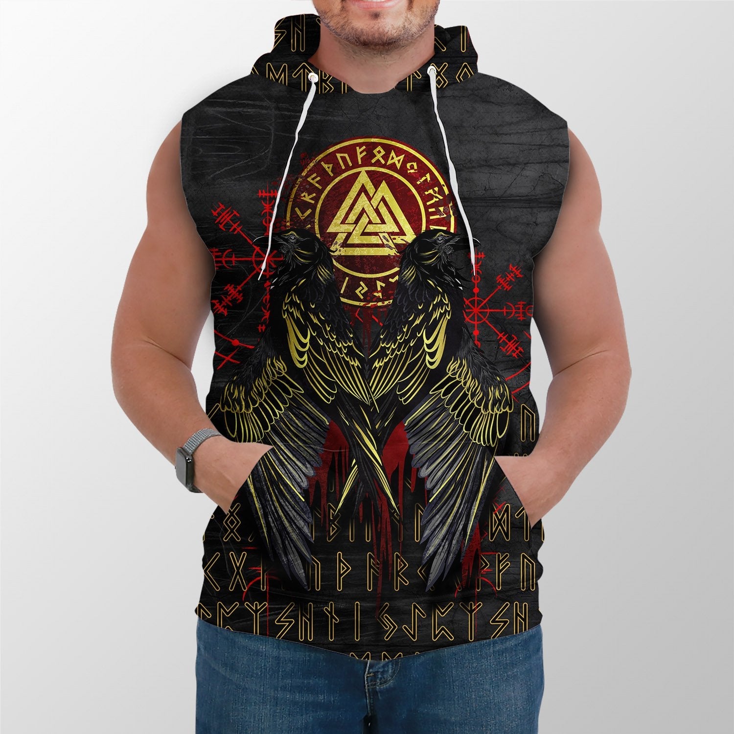 Viking Sleeveless Hoodie Vikings Valknut and Ravens Tattoo