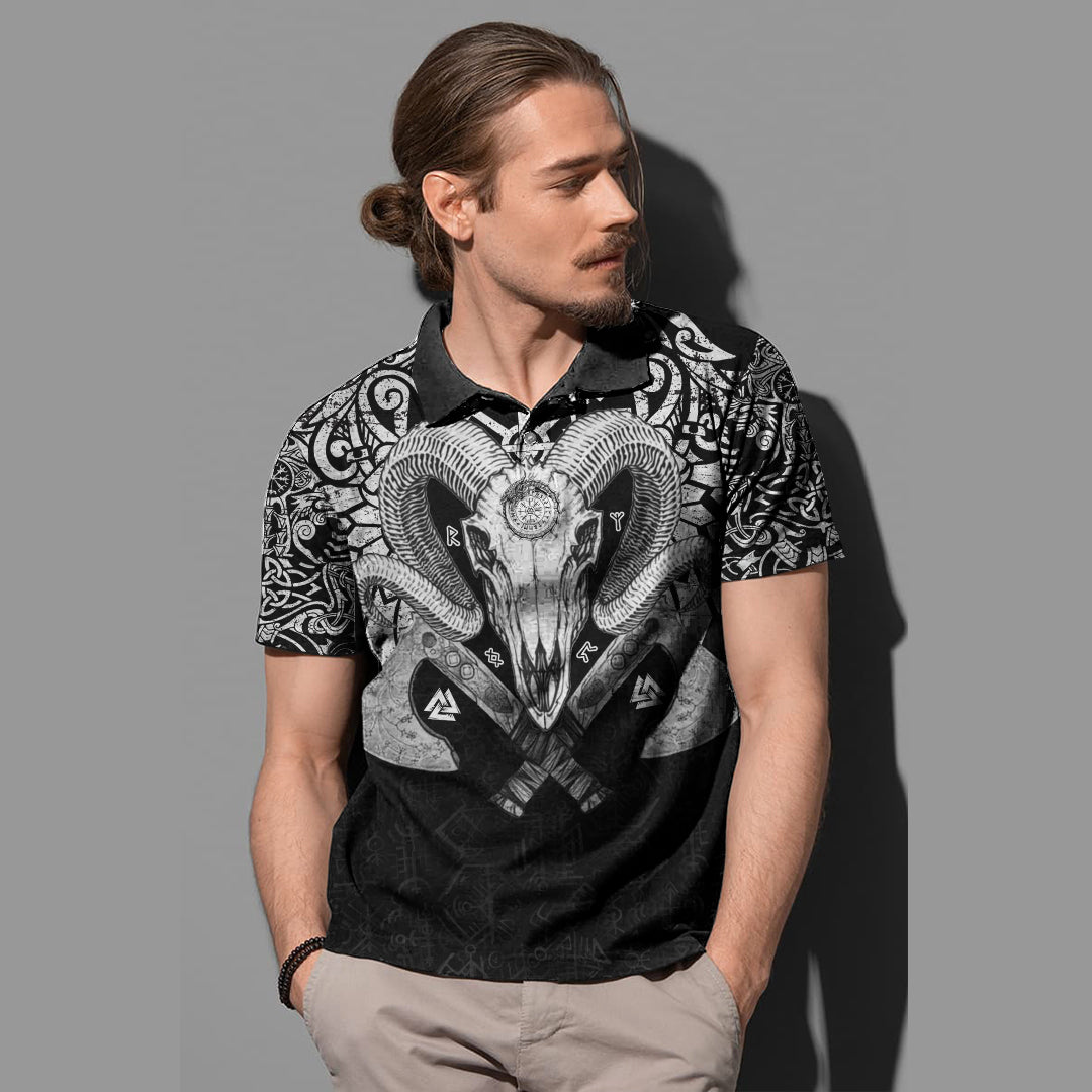 Viking Polo Shirt Ram Skull Tattoo With Vegvisir and Valknut