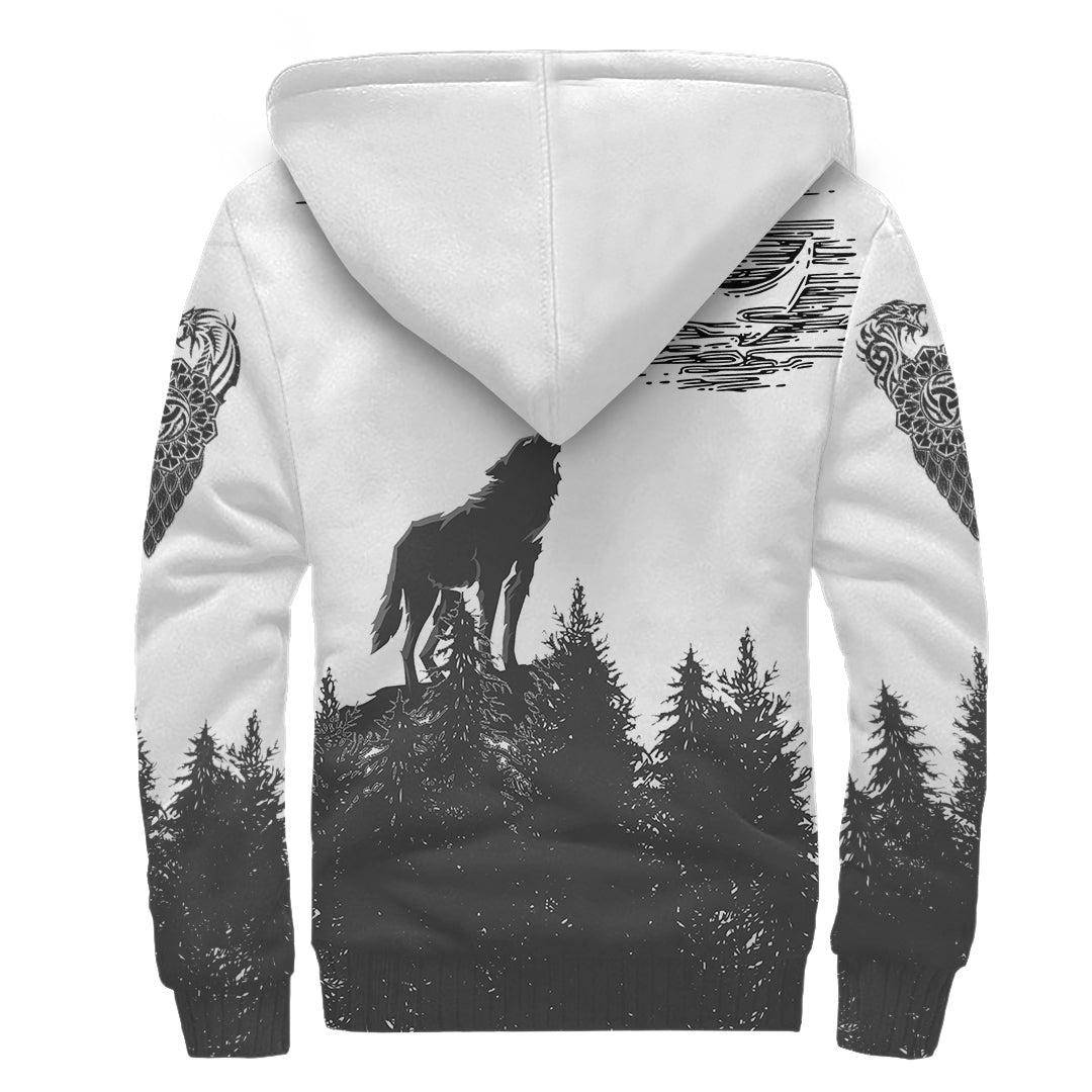 Viking Sherpa Hoodie Raven And Wolf In Pine Forest