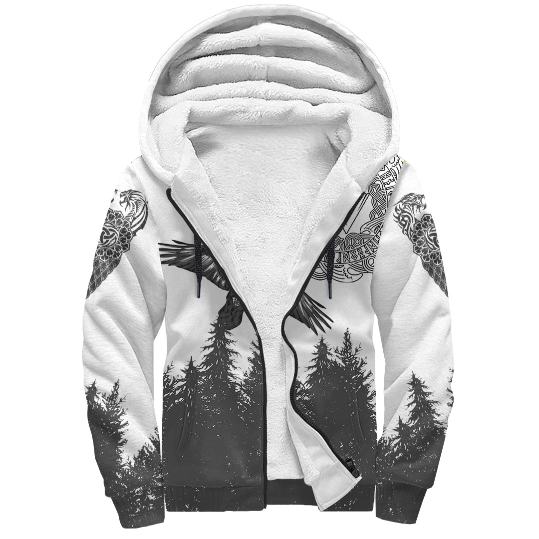 Viking Sherpa Hoodie Raven And Wolf In Pine Forest