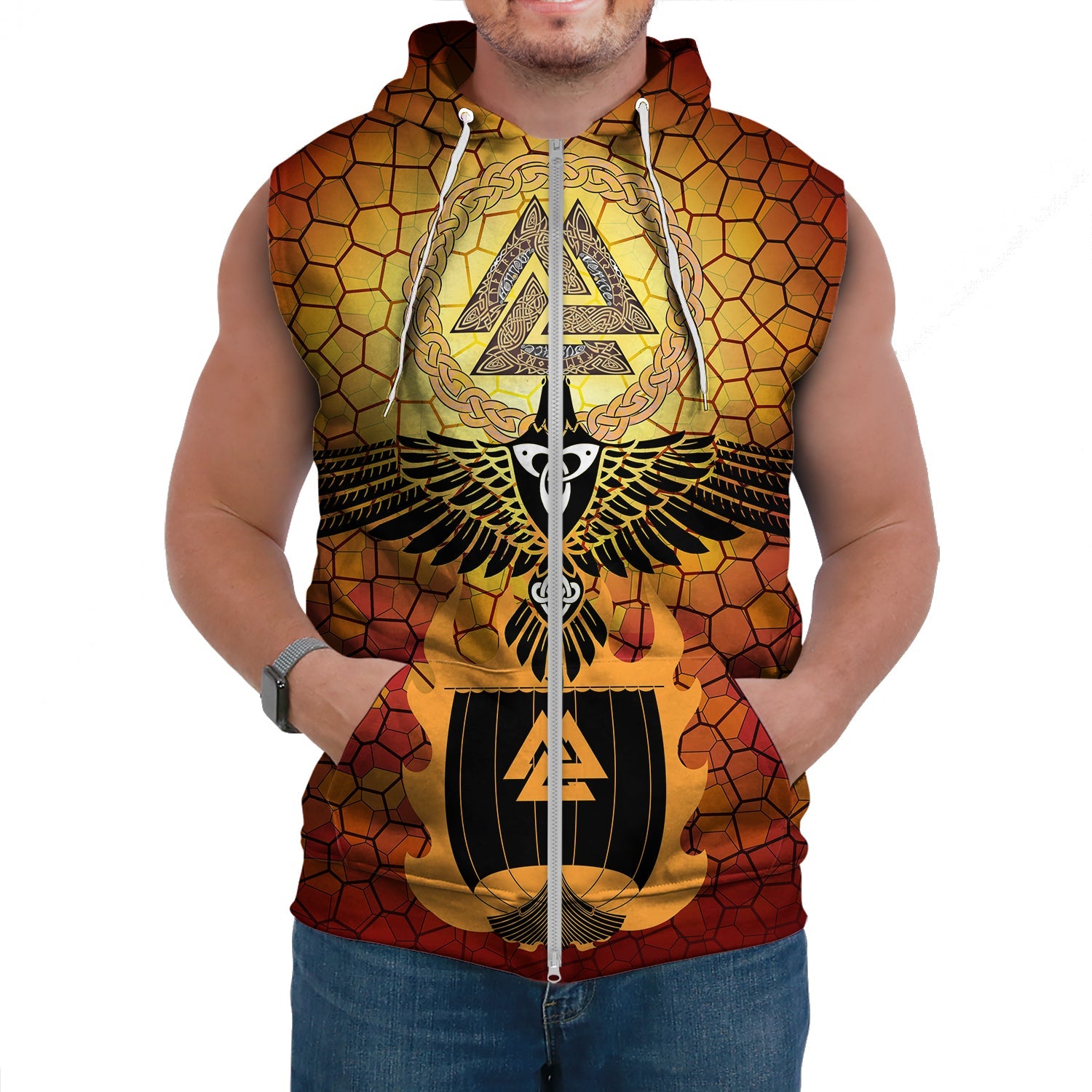 Viking Sleeveless Hoodies Raven Of Odin And Drakkar On Fire On Vignette Gold Valknut