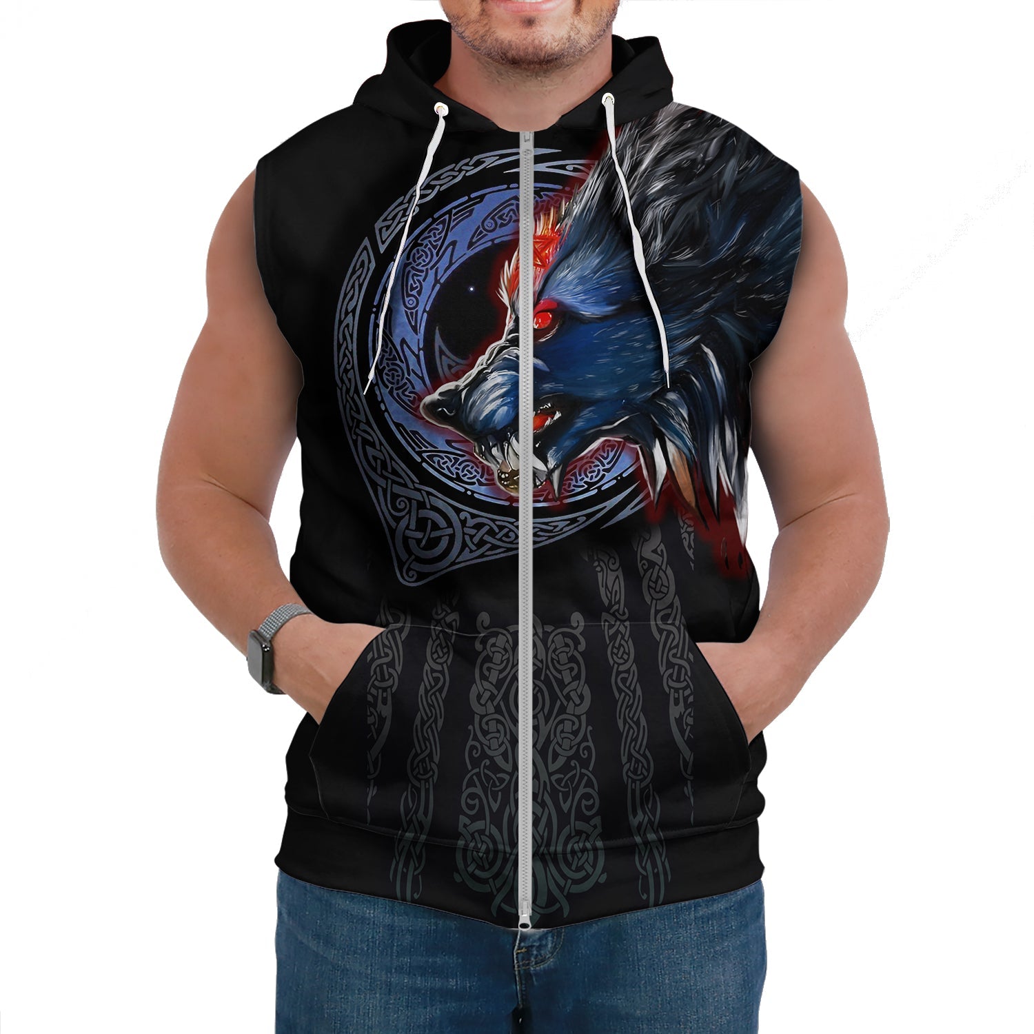 Viking Sleeveless Hoodies Viking Fenrir Wolf 3D