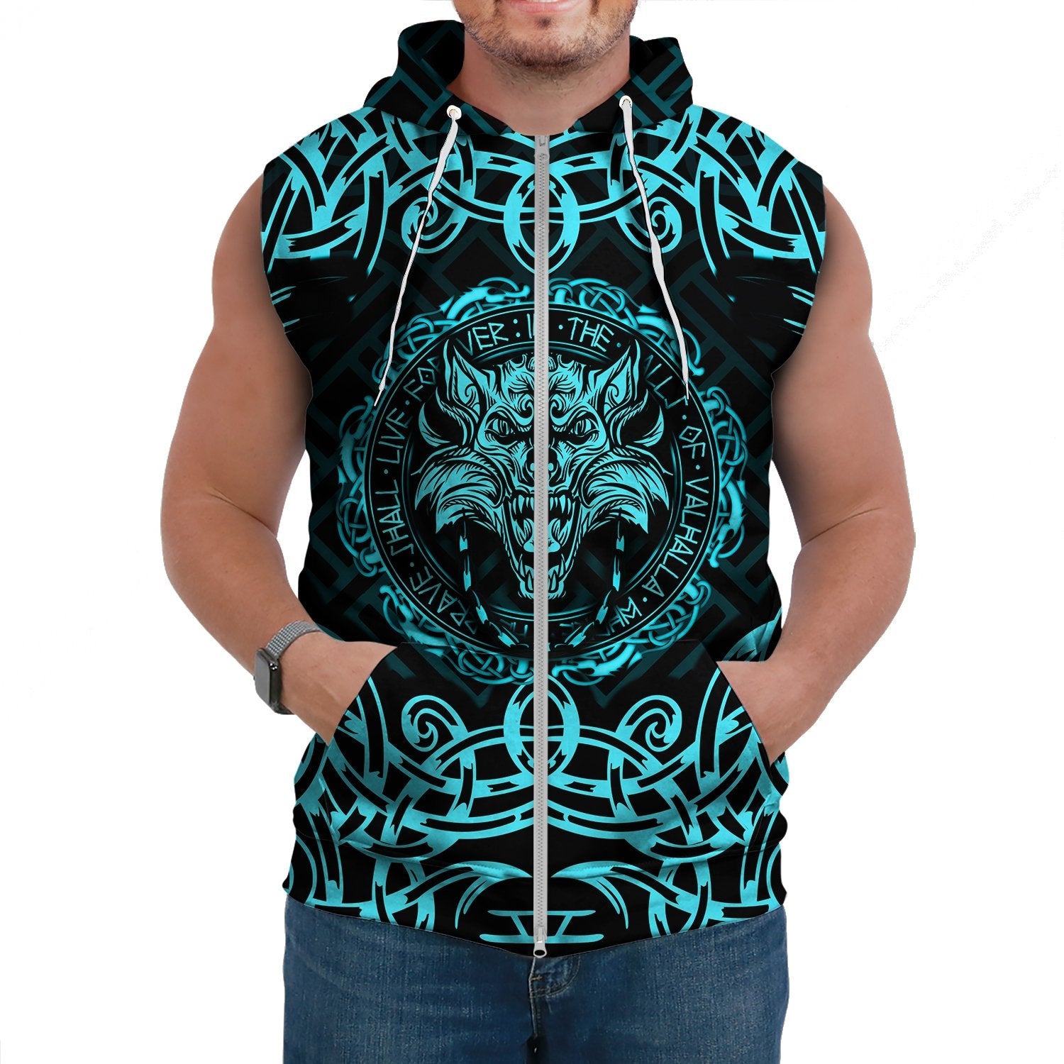 Viking Sleeveless Hoodie Fenrir Viking Cyan 3D