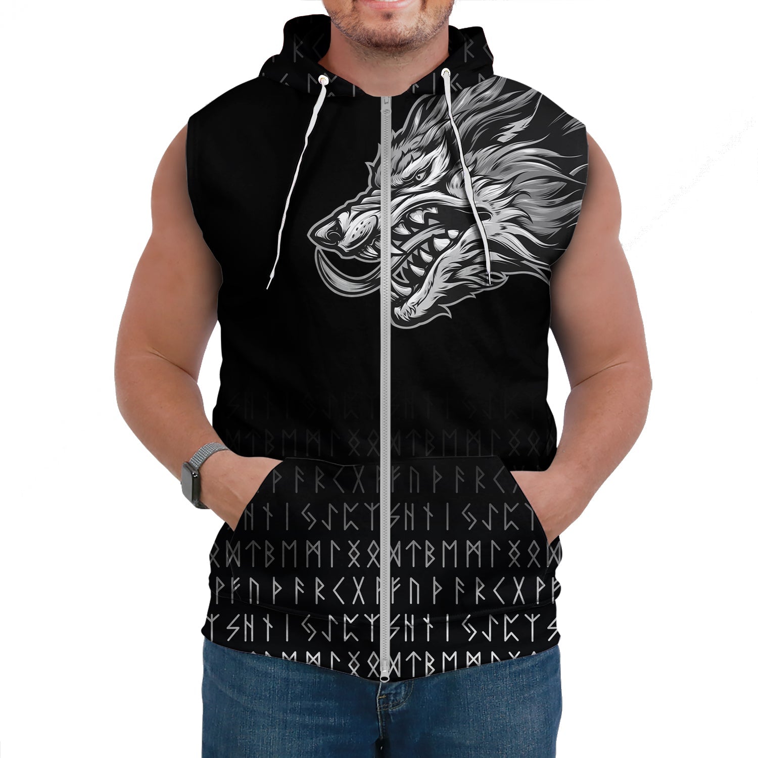 Viking Sleeveless Hoodies Fenrir Wolf Near Shoulder