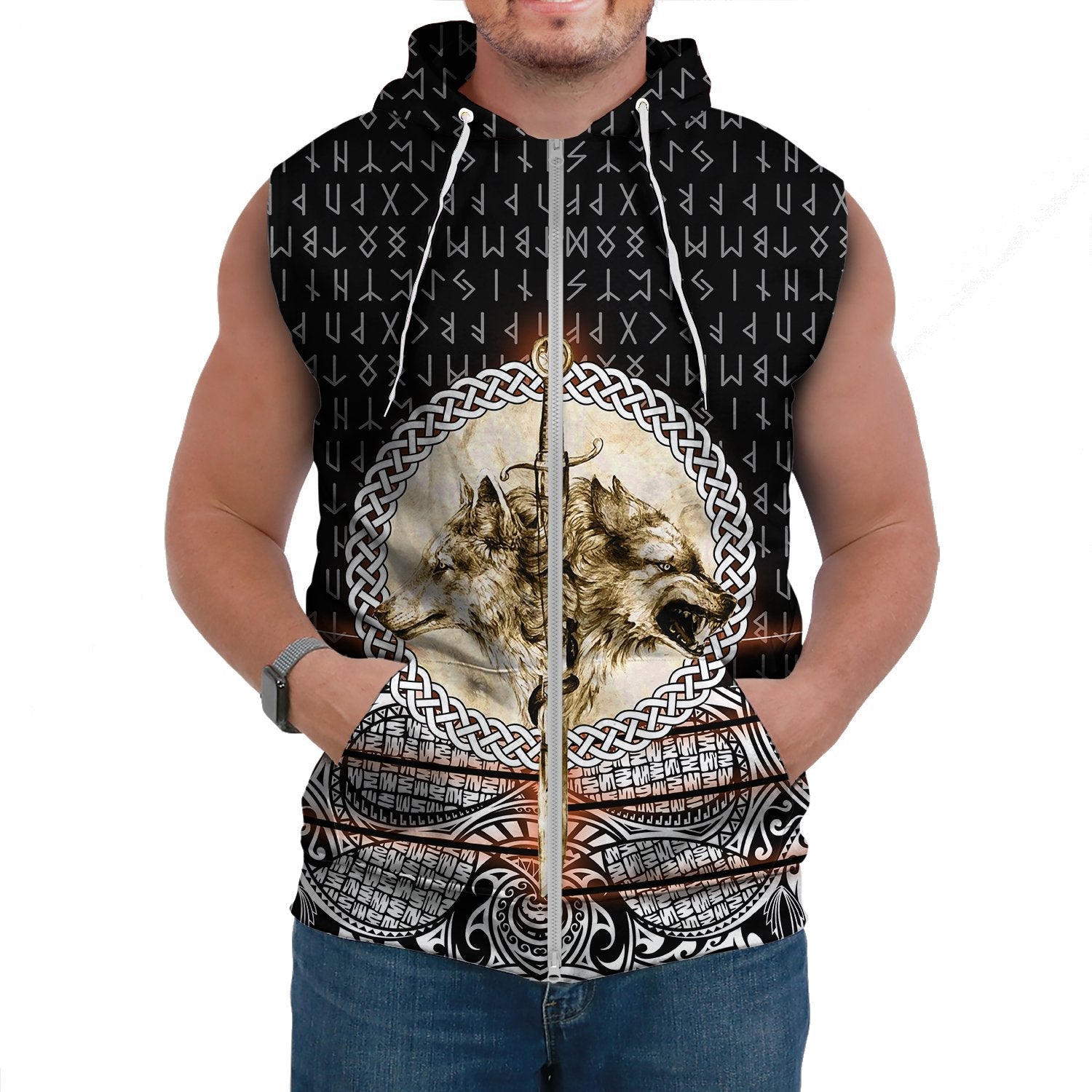 Viking Sleeveless Hoodie Wolf and Vikings Tattoo 3D