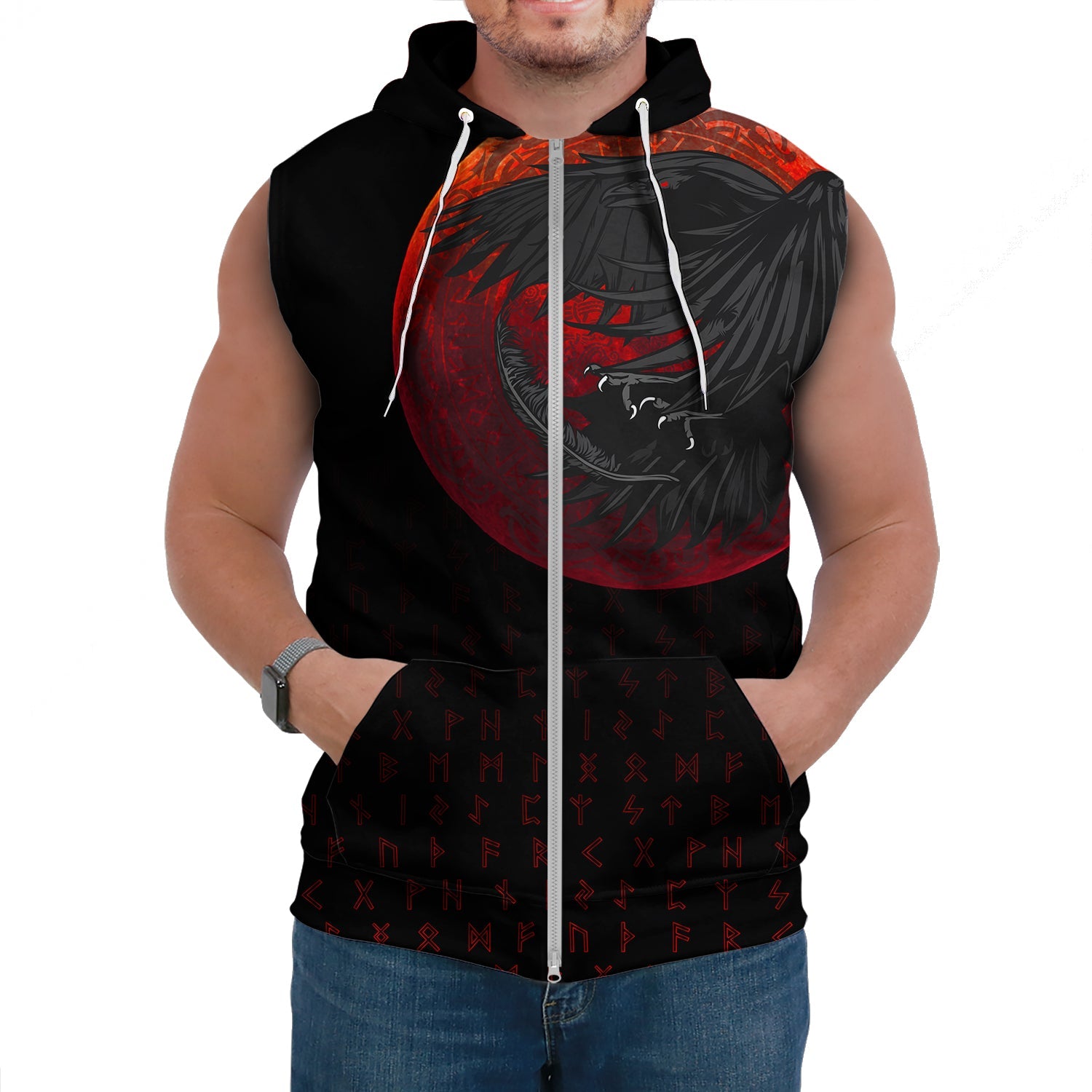 Custom Viking Sleeveless Hoodies Viking Raven Blood Moon