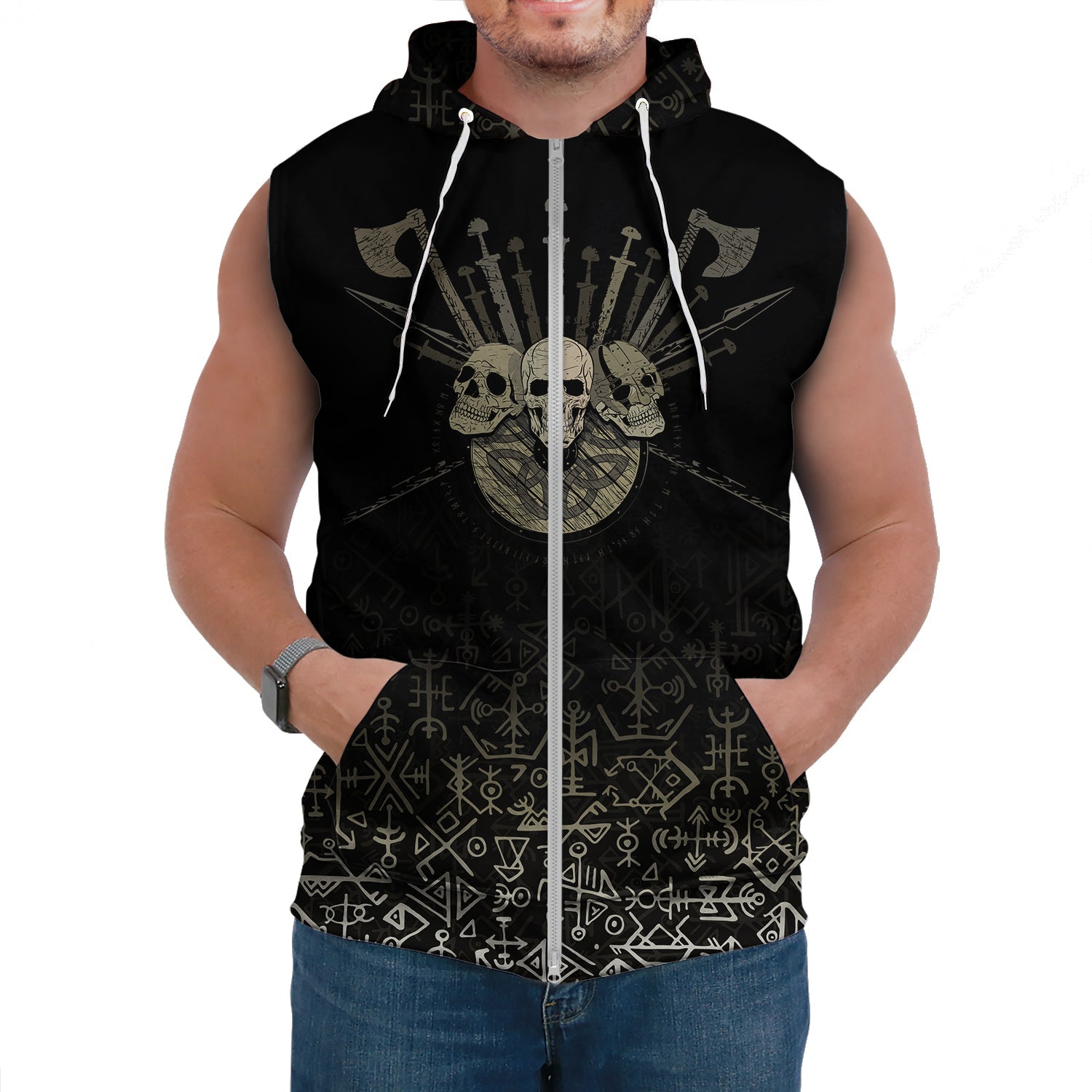 Custom Viking Sleeveless Hoodie Three Skull Of Viking