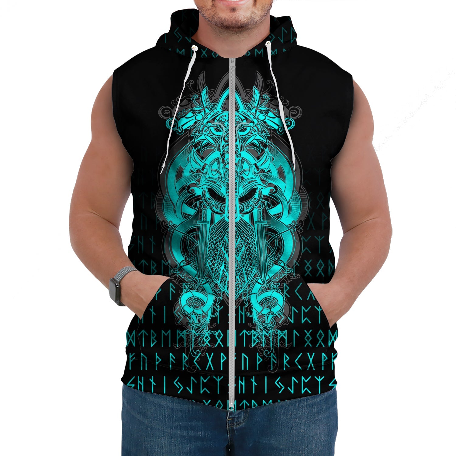 Custom Viking Sleeveless Hoodie Tyr Tattoo Cyan