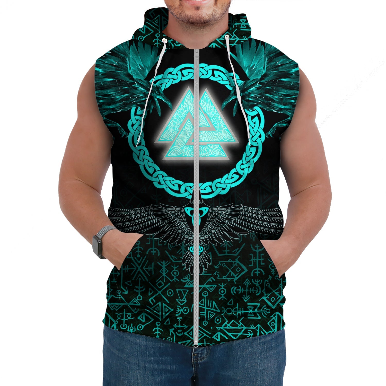 Viking Sleeveless Hoodie Three Raven and Valknut Cyan