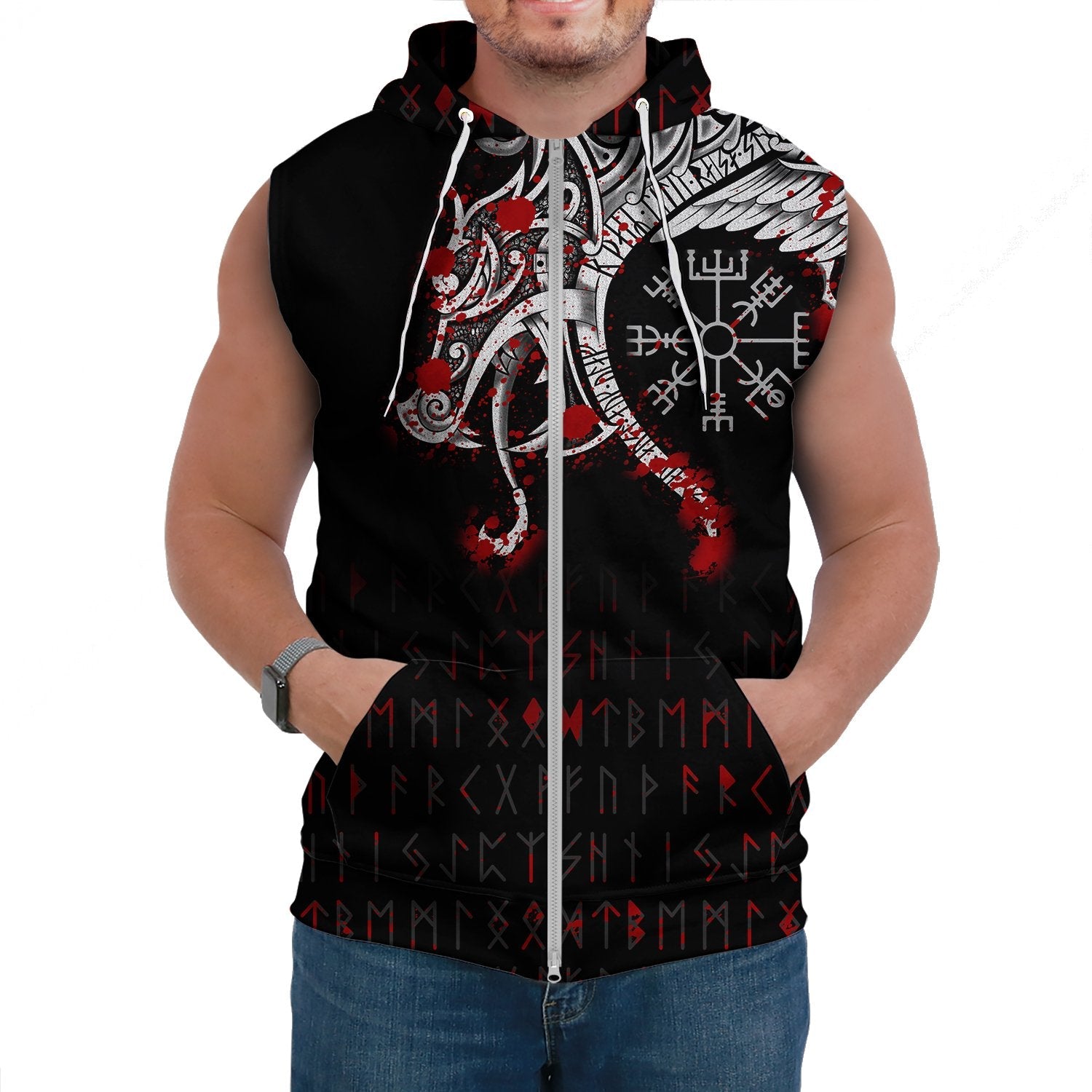 Viking Sleeveless Hoodie Dragon and Vegvisir Blood Tattoo