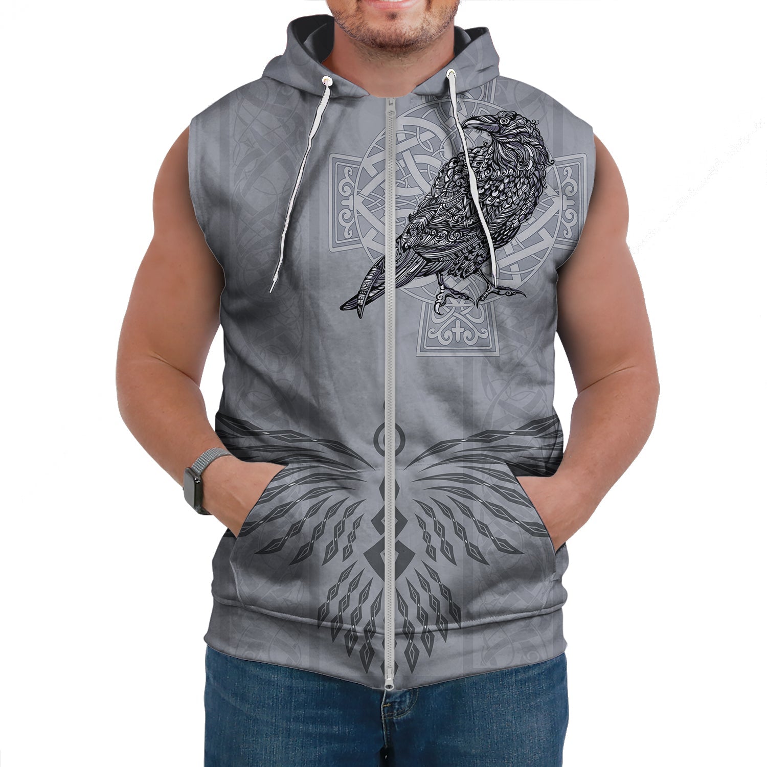 Viking Sleeveless Hoodies Odin's Celtic Raven Scandinavian Tattoo