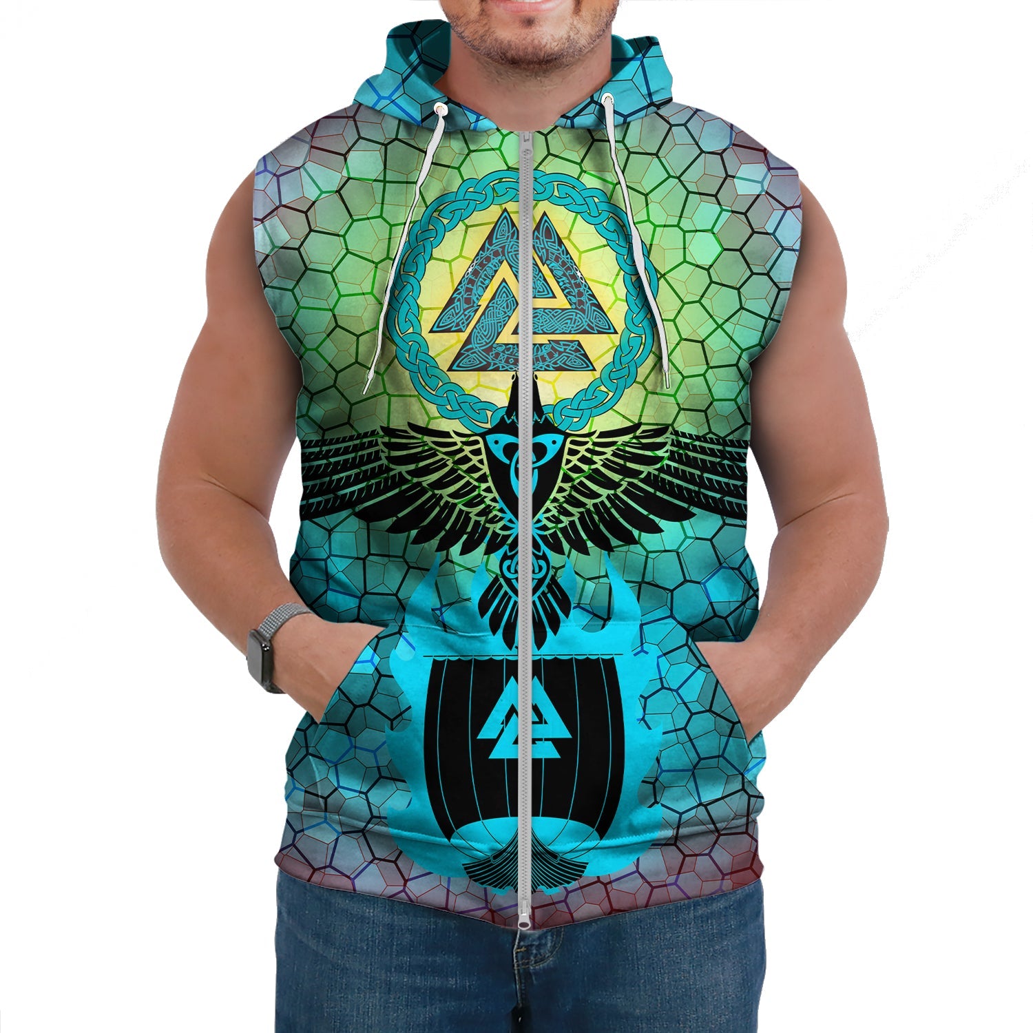 Viking Sleeveless Hoodies Raven Of Odin And Drakkar On Fire On Vignette Cyan Valknut