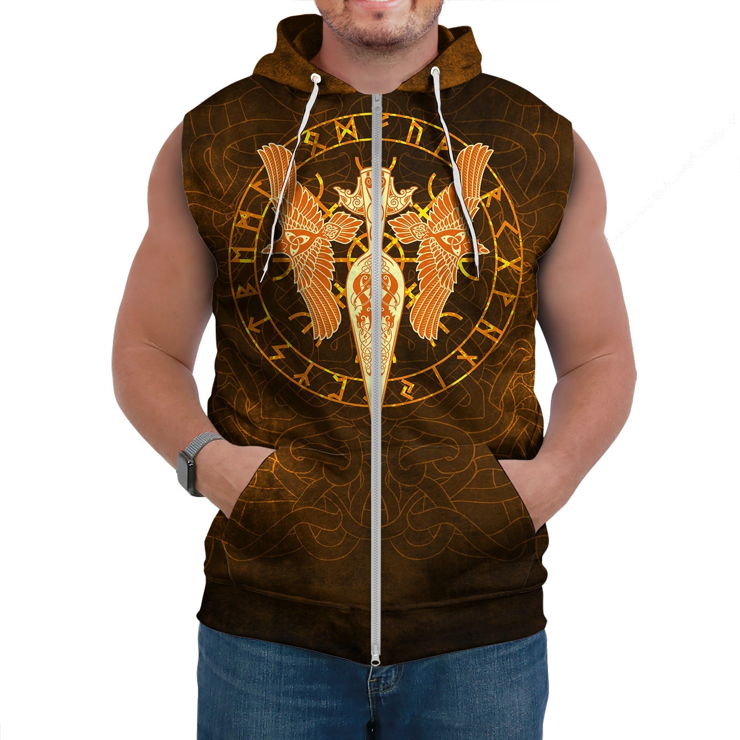 Viking Sleeveless Hoodies Gold Spear Of The God Odin Gungnir And Two Gold Ravens