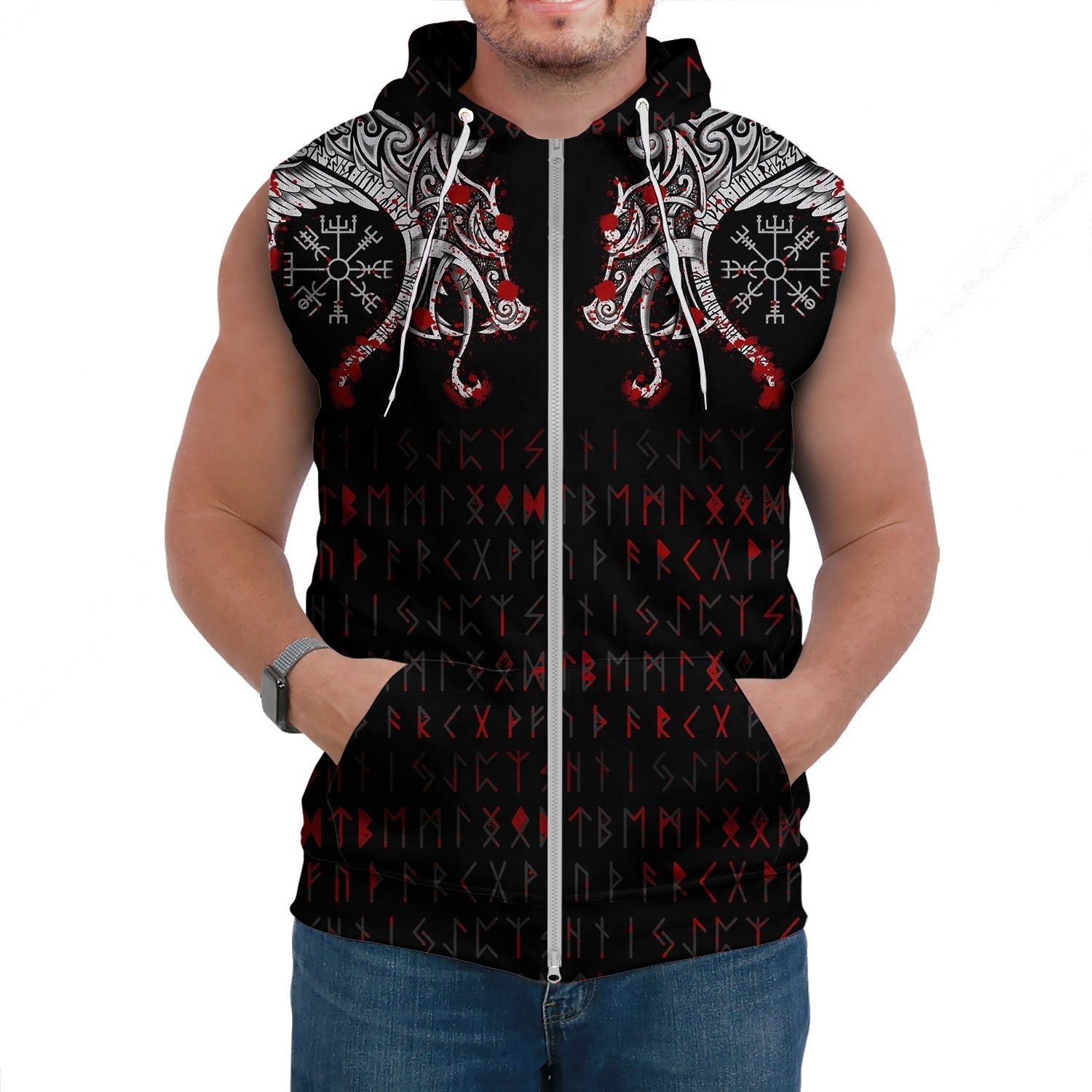 Viking Sleeveless Hoodie. Double Dragon Tattoo And Vegvisir Blood