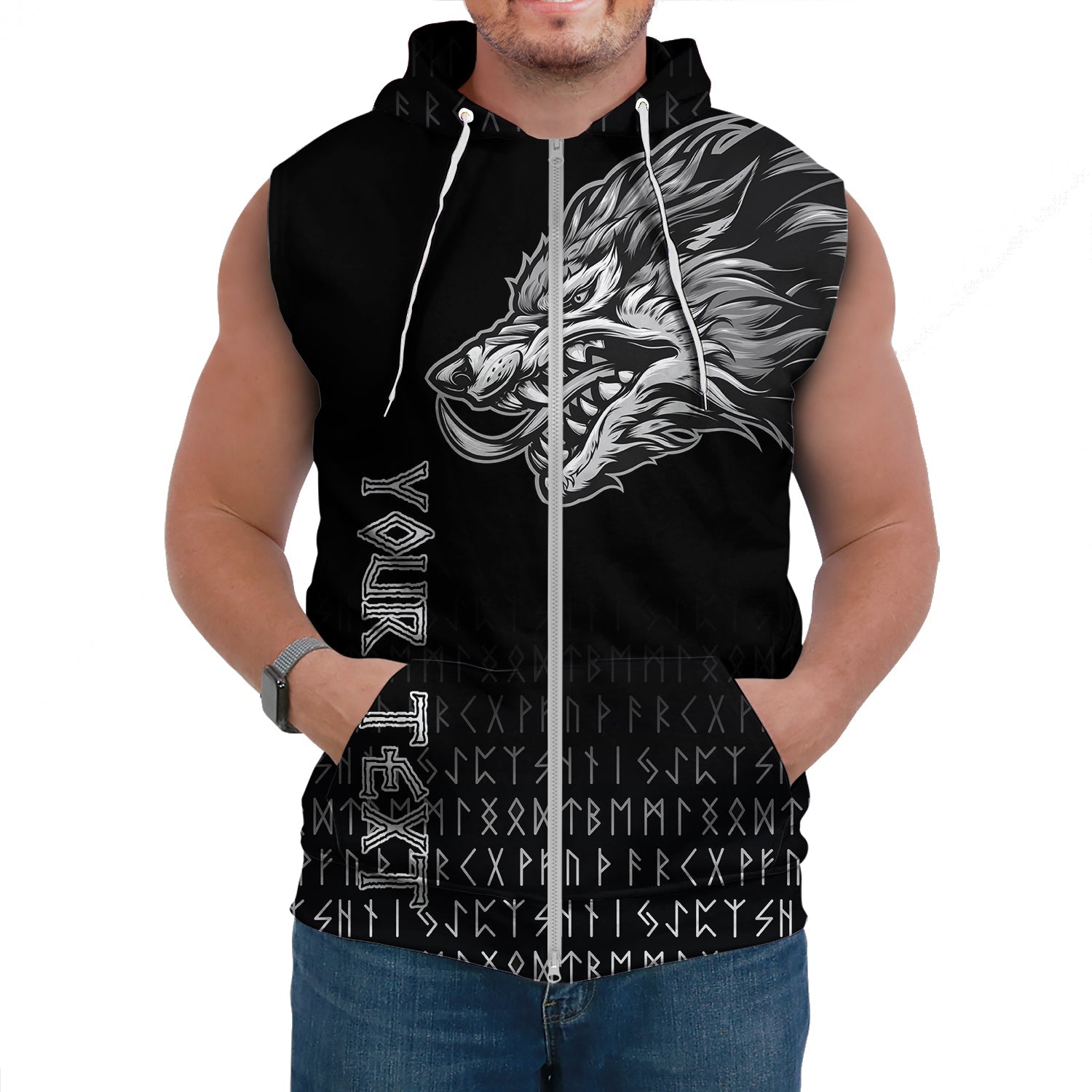 Custom Viking Sleeveless Hoodies Fenrir Wolf Near Shoulder